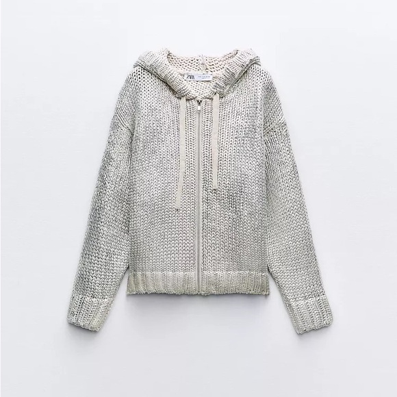 ZARA COTTON ZIP UP CARDIGAN SWEATER with HOOD RETRO MODERN CHIC Beige Silver L - Picture 8 of 11